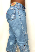 Load image into Gallery viewer, This product is an upcycled denim featuring hand distressed and hand dipped detailing. Can be styled to be over-sized or fitting, depending on the muse.