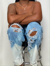 Load image into Gallery viewer, This product is an upcycled denim featuring hand distressed and hand dipped detailing. Can be styled to be over-sized or fitting, depending on the muse.